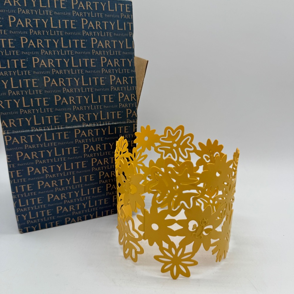 PartyLite Garden Bouquet Jar Candle Holder Shade Sleeve Yellow Metal Flower NIB
